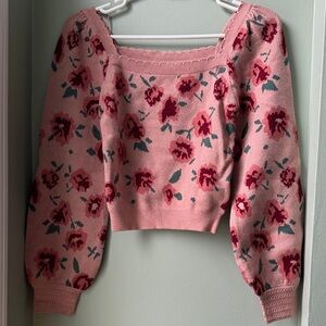 Cropped Pink Floral Off-Shoulder Puff Sleeve Sweater XS